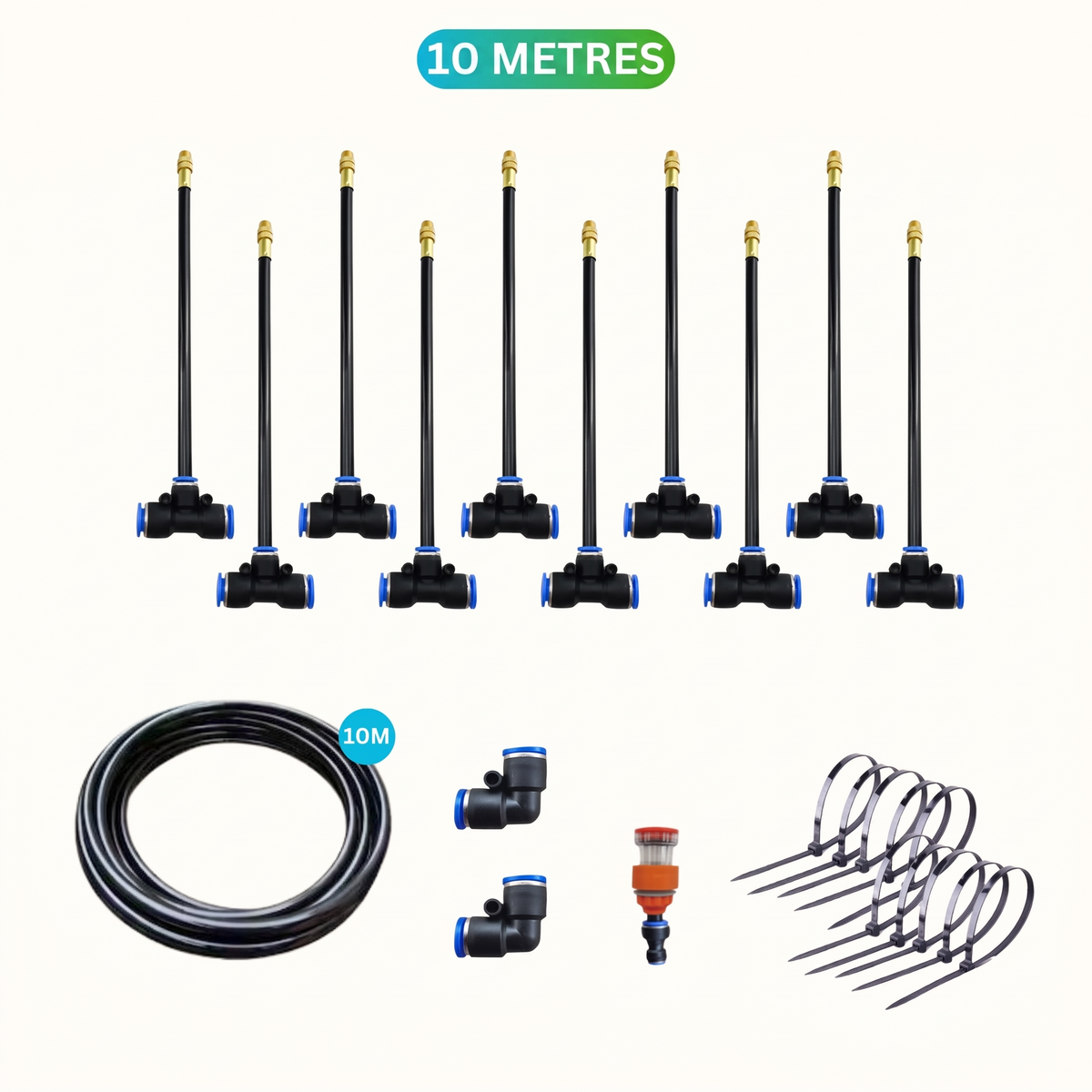 AquaBreeze 10 metre misting kit contents, 10 nozzles, hose, connectors and cable ties
