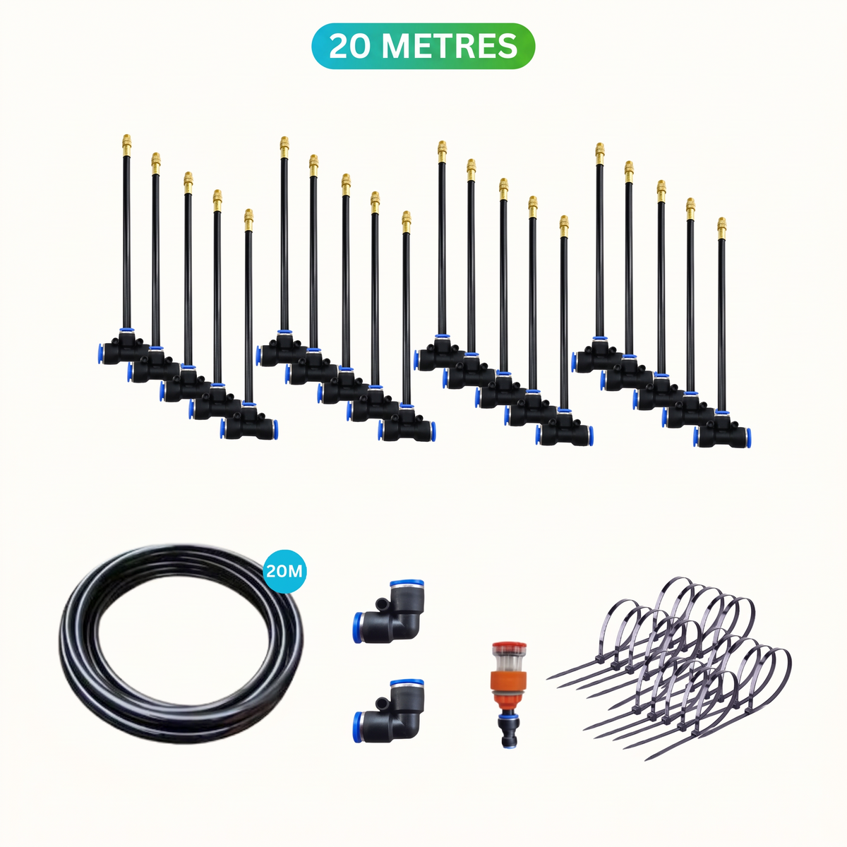 AquaBreeze 20 metre misting kit contents, 20 nozzles, hose, connectors and cable ties