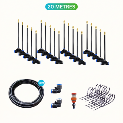 AquaBreeze 20 metre misting kit contents, 20 nozzles, hose, connectors and cable ties