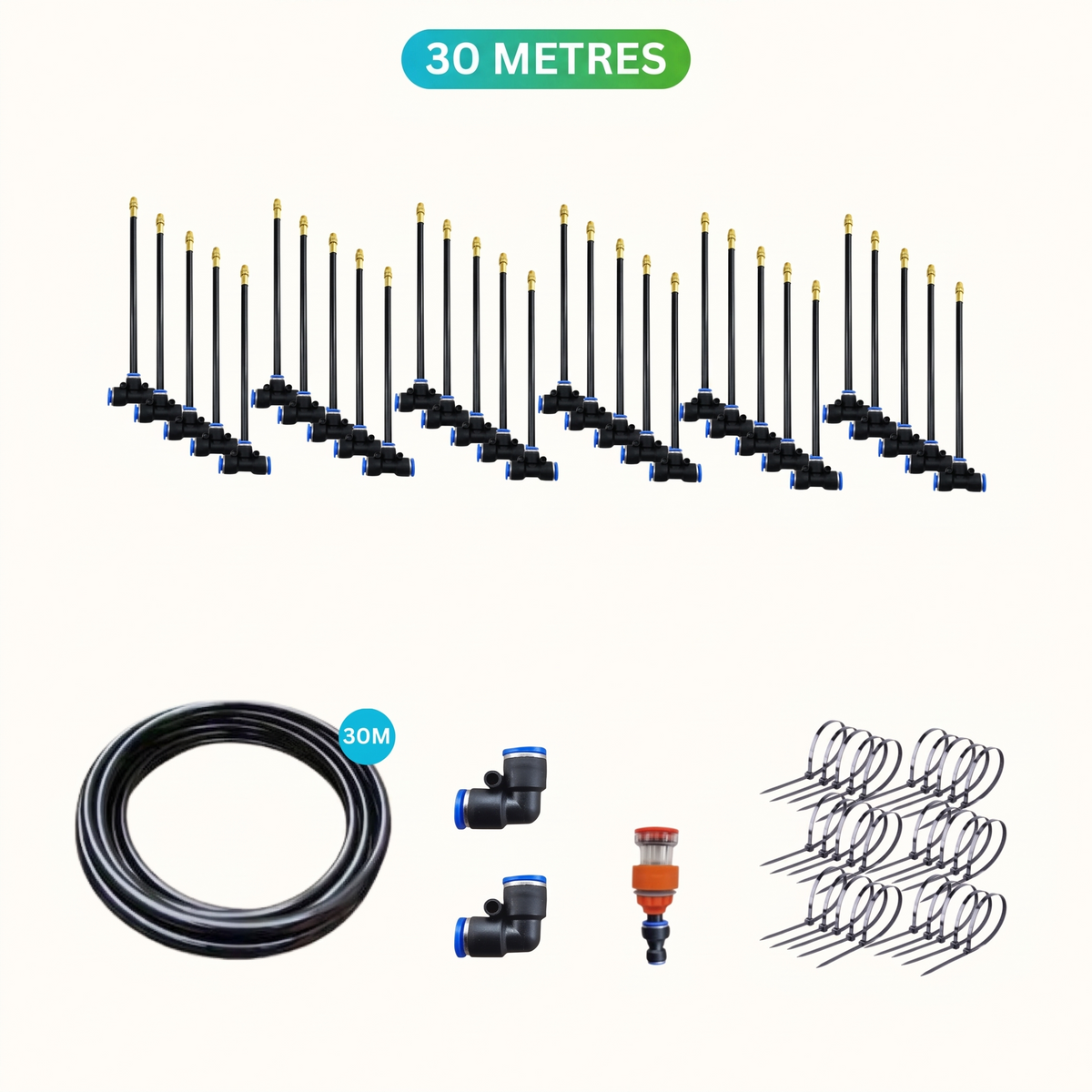 AquaBreeze 30 metre misting kit contents, 30 nozzles, hose, connectors and cable ties